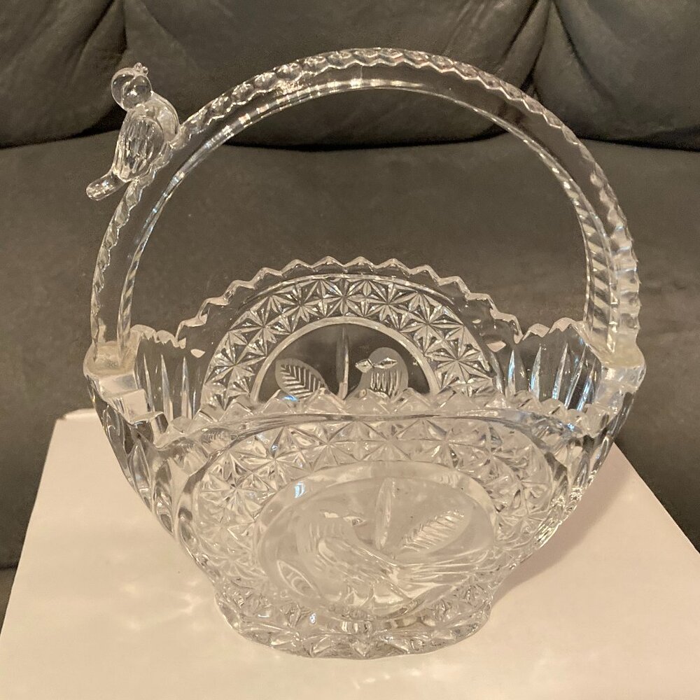 VTG 1985 Hofbauer Byrdes Etched Lead Crystal Glass Basket w/ Birds/Handle-7"-EUC